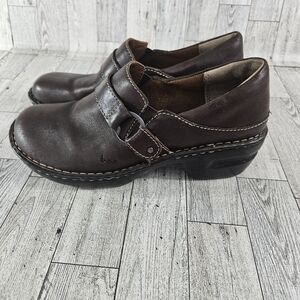 BOC Womens Brown Leather Clog Mule Shoes Heel Slip On Silver Buckle Size 9.5 M